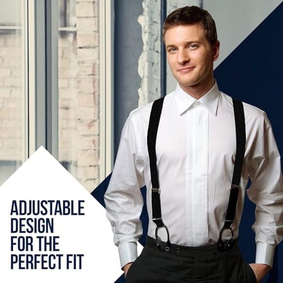 Hold’Em 1 3/8” Twill Elastic Suspenders for Men Leather Trimmed Button - Grey - Picture 3 of 7